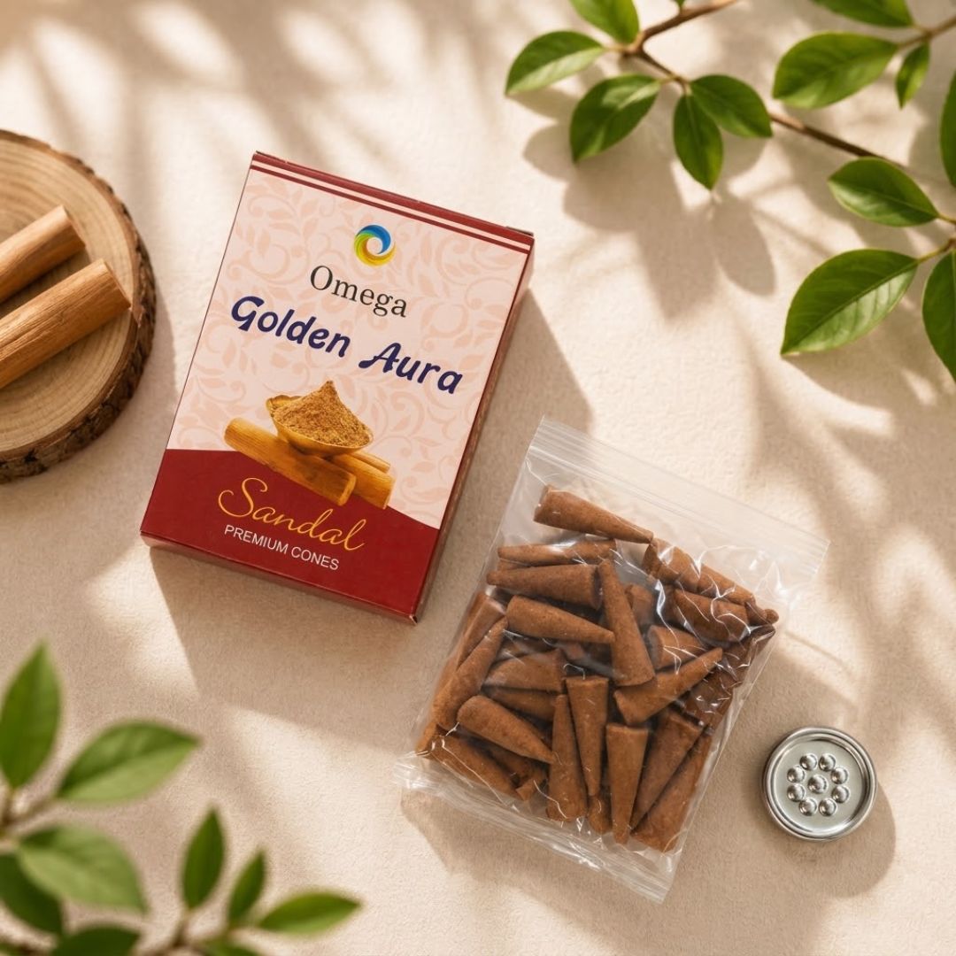 Omega Golden Aura Premium Sandal Cones ওমেগা গোল্ডেন অরা প্রিমিয়াম চন্দন সুগন্ধি কোণ